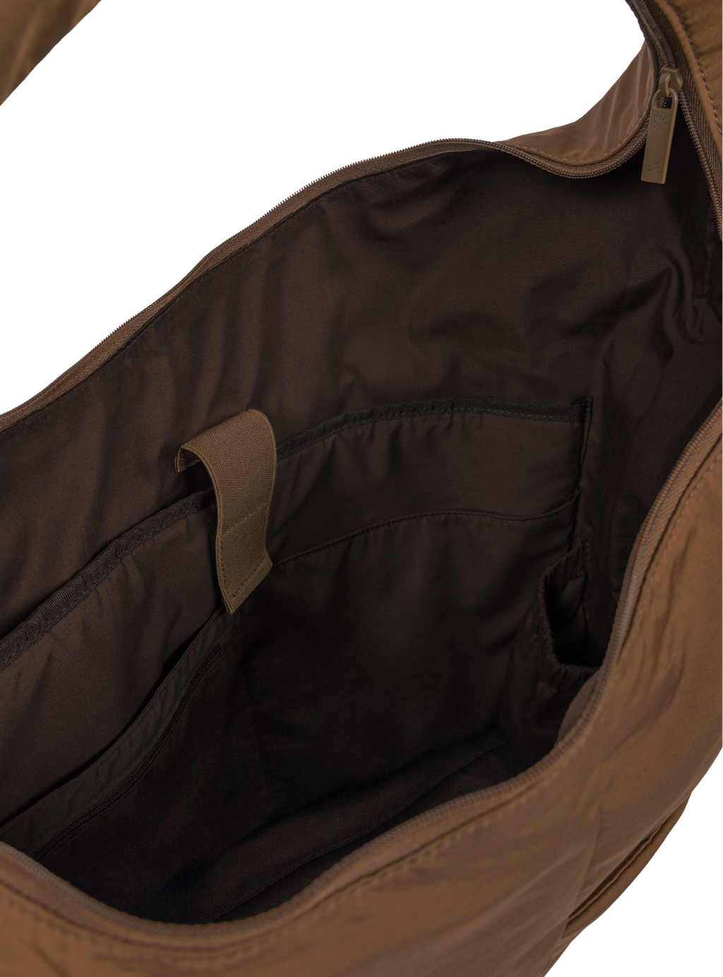 Interior of the Arc hobo-style bag in chocolate brown nylon, with laptop compartment