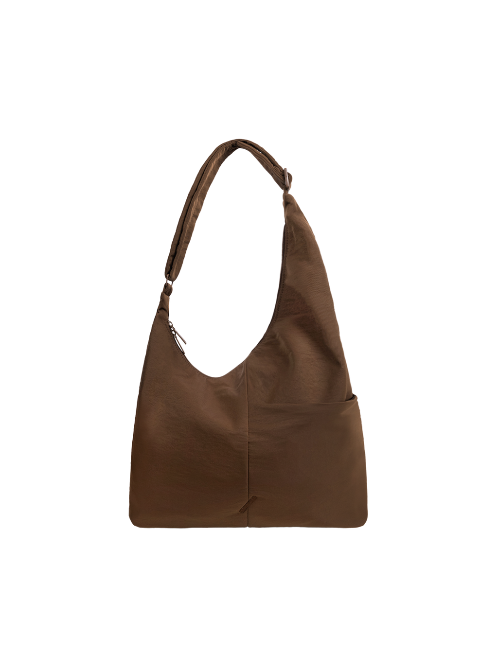 The Midi Arc slouchy hobo-style bag in chocolate brown nylon with adjustable shoulder strap
