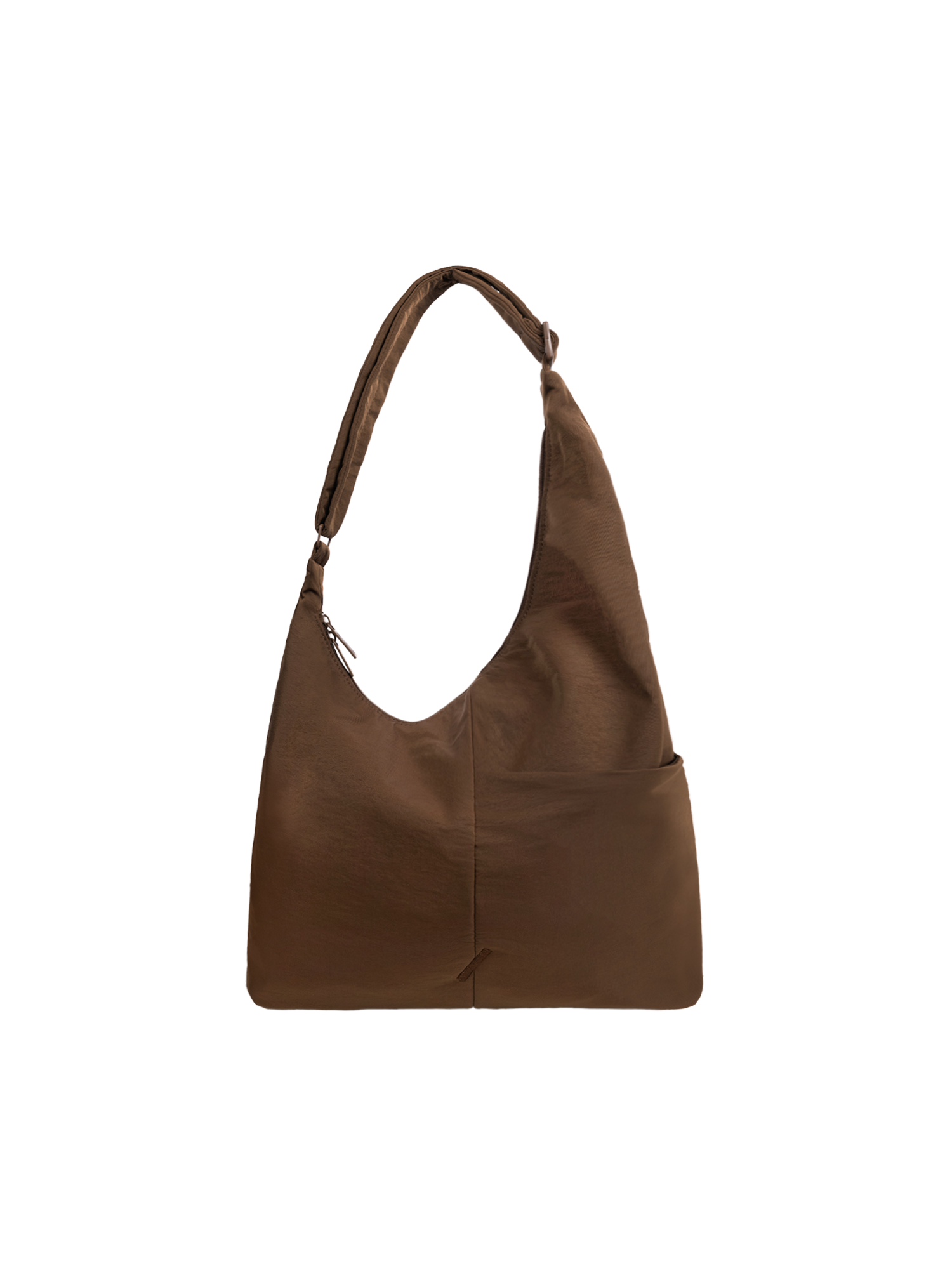 The Midi Arc slouchy hobo-style bag in chocolate brown nylon with adjustable shoulder strap