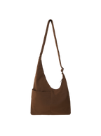 The Midi Arc slouchy hobo bag in chocolate brown nylon with adjustable strap for shoulder or crossbody wear