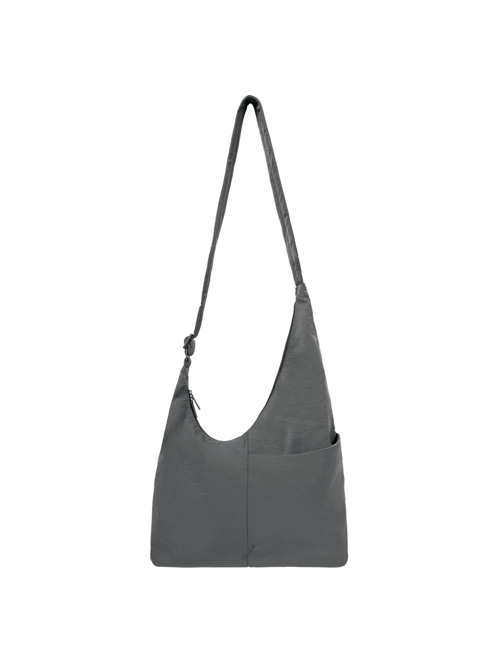 The Midi Arc slouchy hobo bag in dark grey nylon with adjustable strap for shoulder or crossbody wear