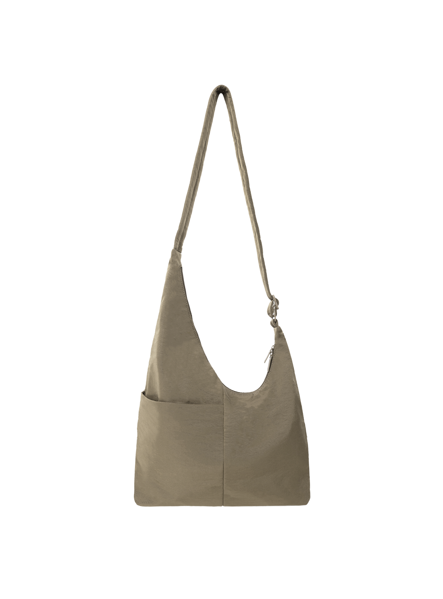 The Midi Arc slouchy hobo bag in beige nylon with adjustable strap for shoulder or crossbody wear
