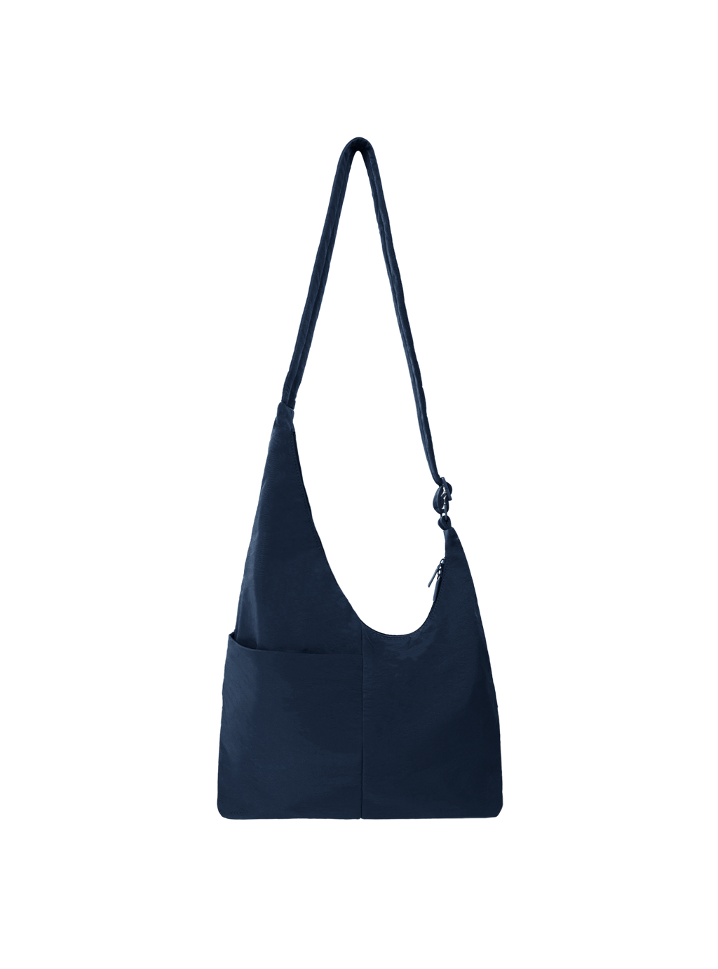 The Midi Arc slouchy hobo bag in navy nylon with adjustable strap for shoulder or crossbody wear