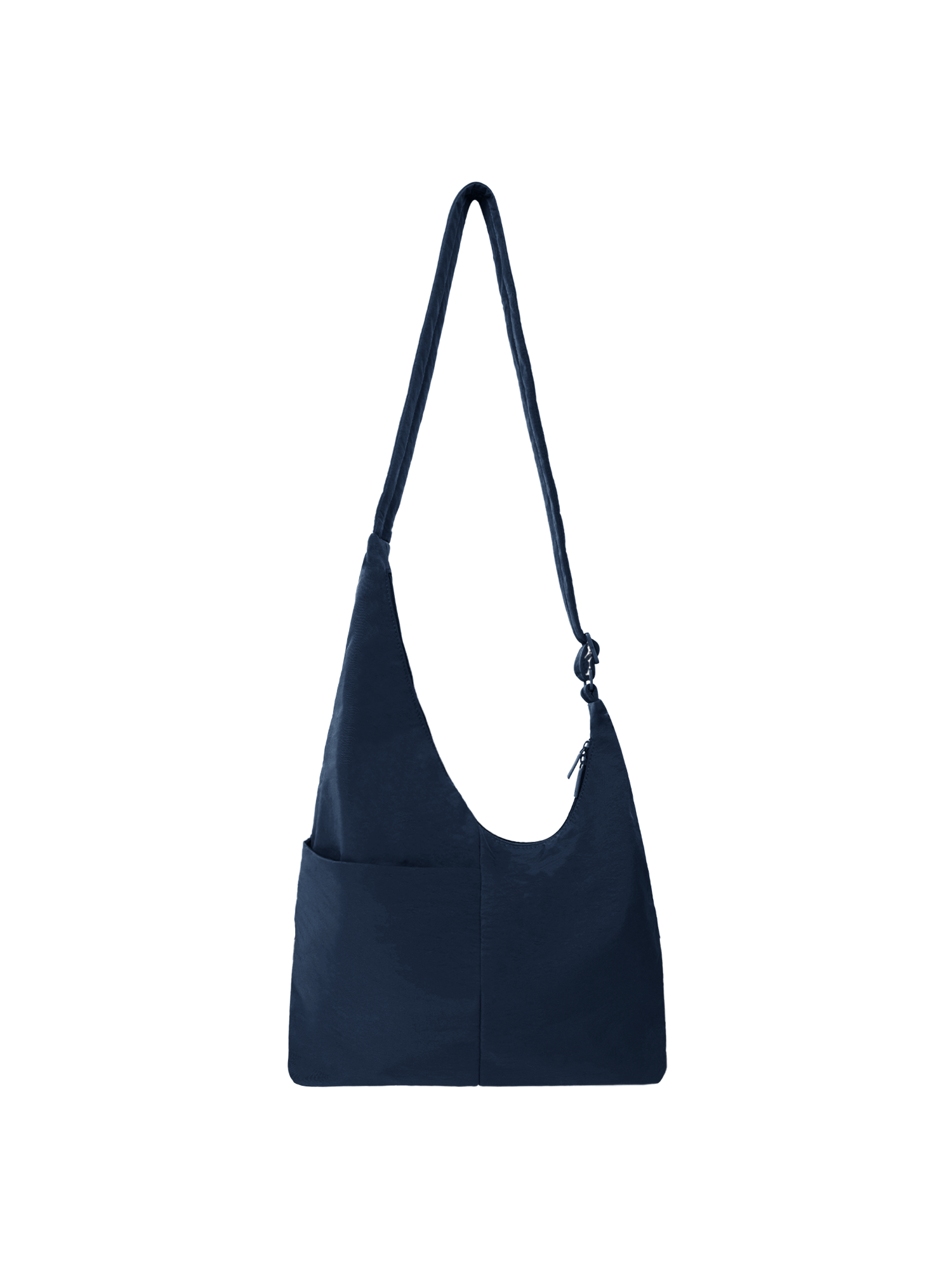 The Midi Arc slouchy hobo bag in navy nylon with adjustable strap for shoulder or crossbody wear