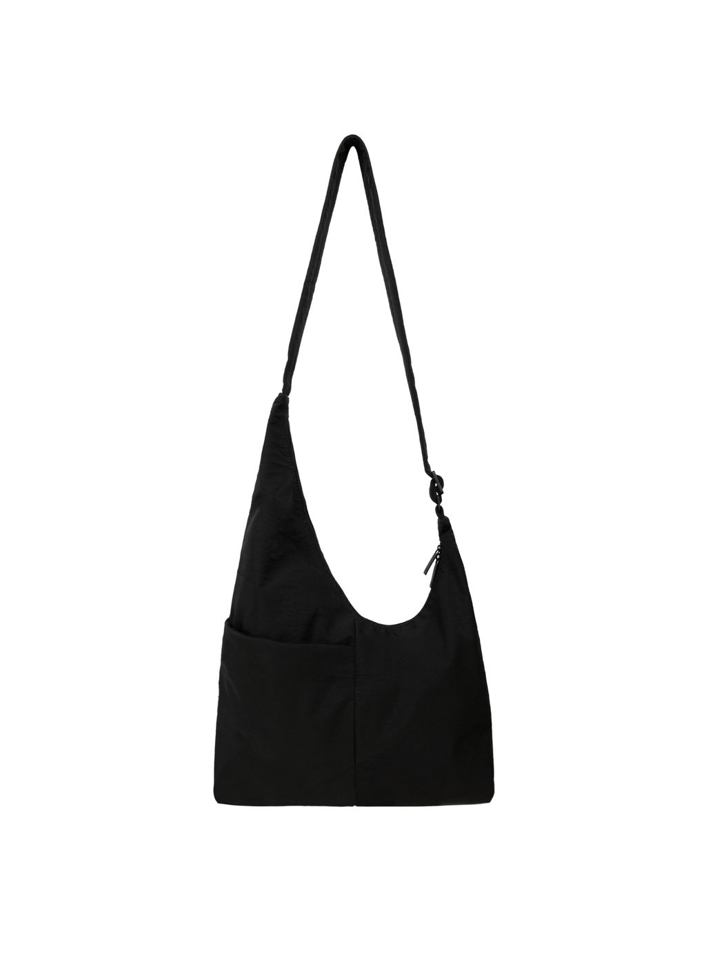 The Midi Arc slouchy hobo bag in black nylon with adjustable strap for shoulder or crossbody wear