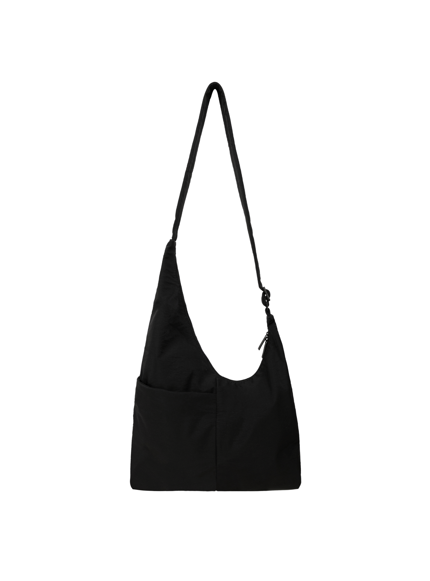 The Midi Arc slouchy hobo bag in black nylon with adjustable strap for shoulder or crossbody wear