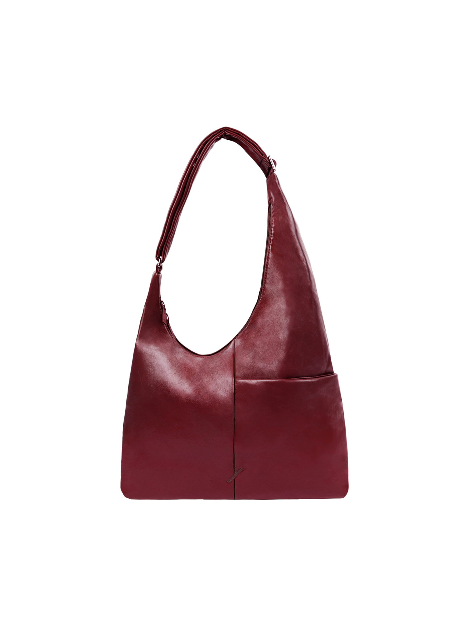 The Midi Arc slouchy hobo-style bag in wine red vegan leather with adjustable shoulder strap
