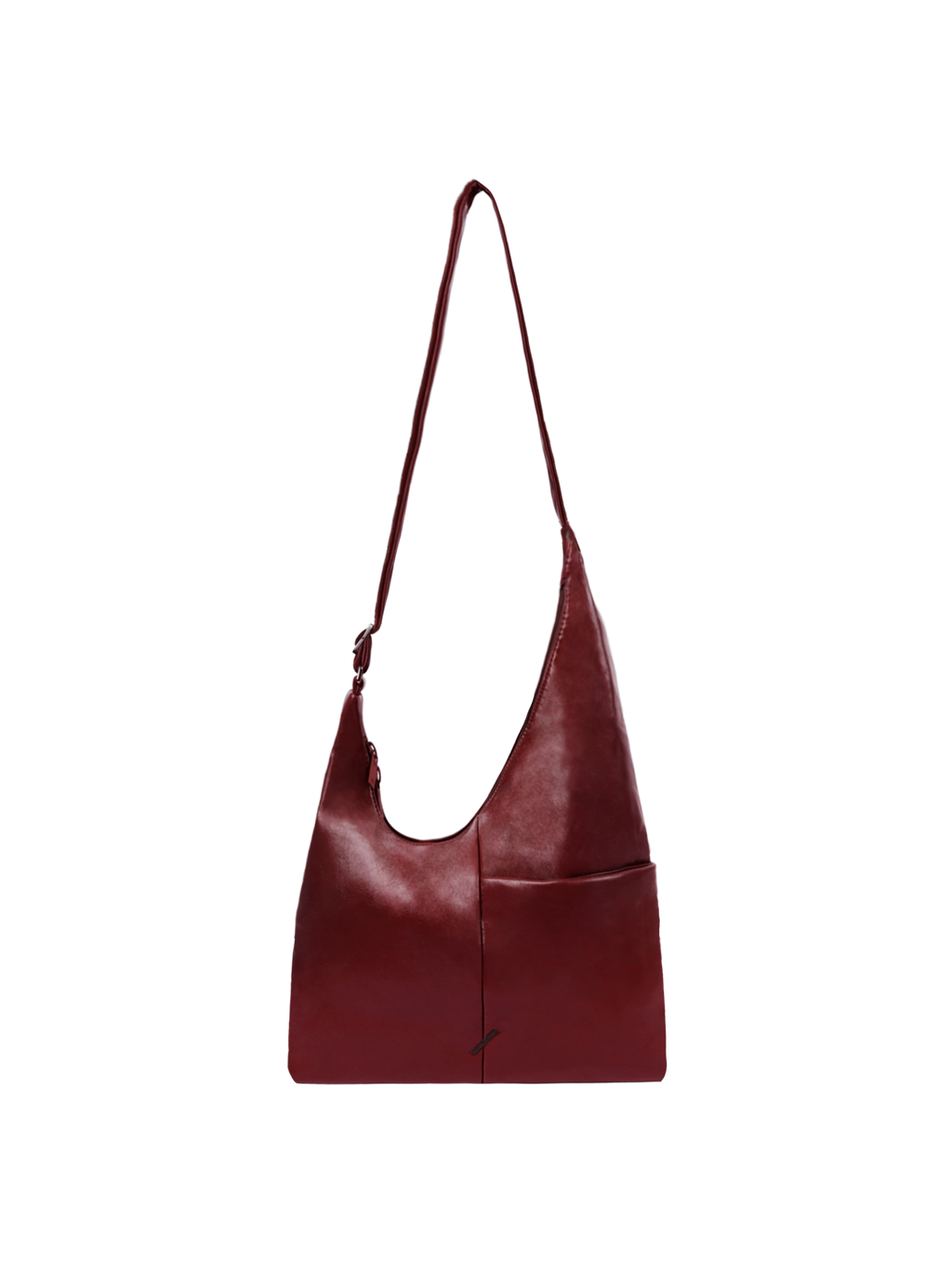 The Midi Arc slouchy hobo bag in wine red vegan leather with adjustable strap for shoulder or crossbody wear