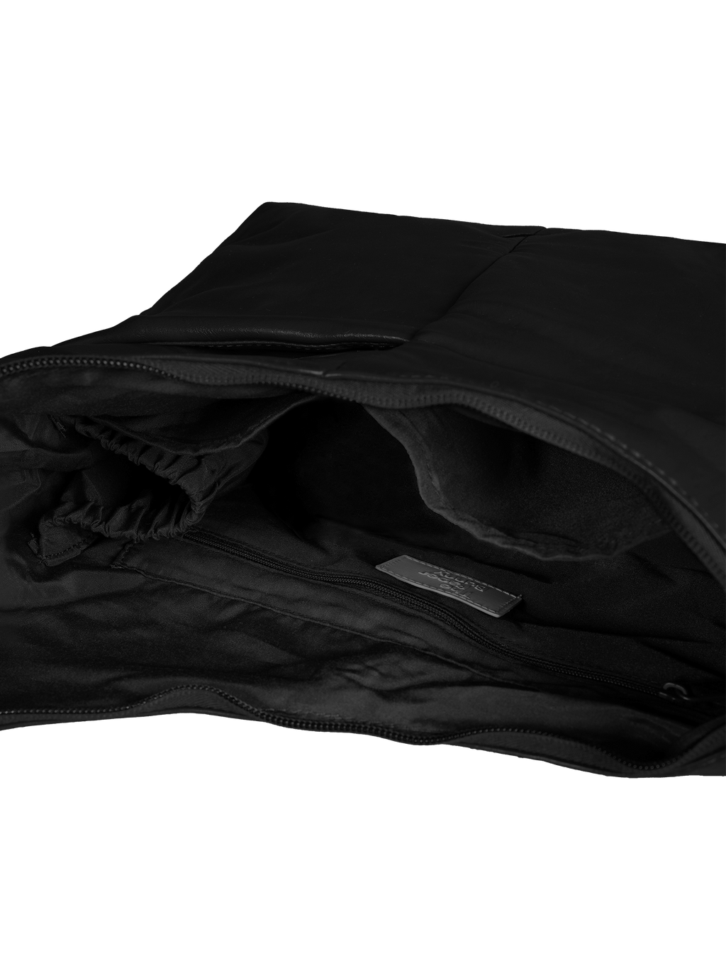 Interior of the Midi Arc hobo-style bag in black vegan leather, with multiple pockets and a bottle holder