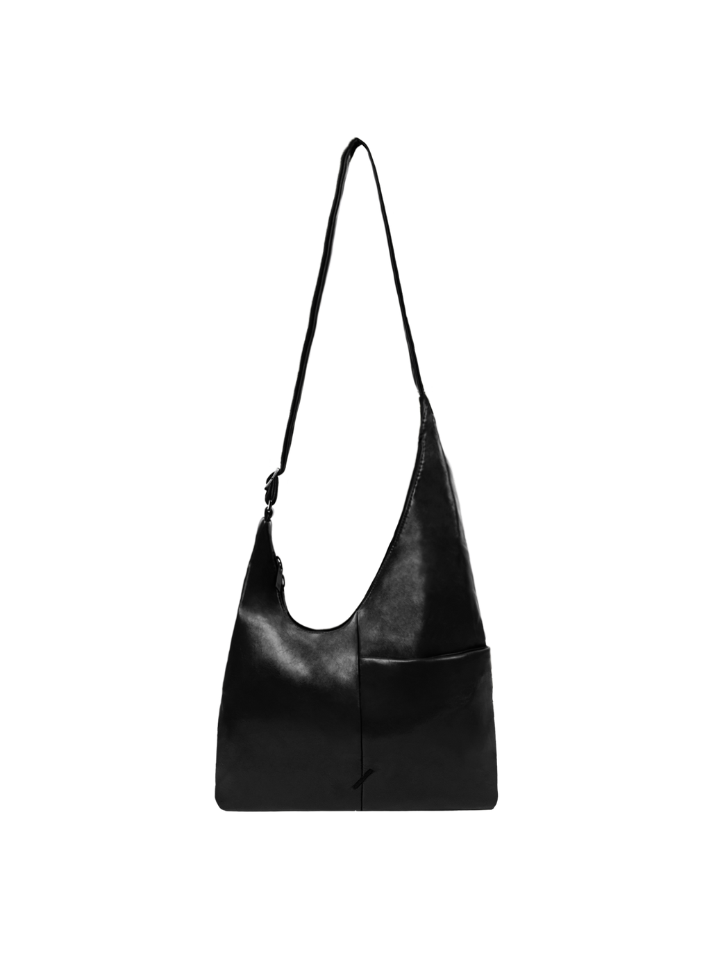 The Midi Arc slouchy hobo bag in black vegan leather with adjustable strap for shoulder or crossbody wear
