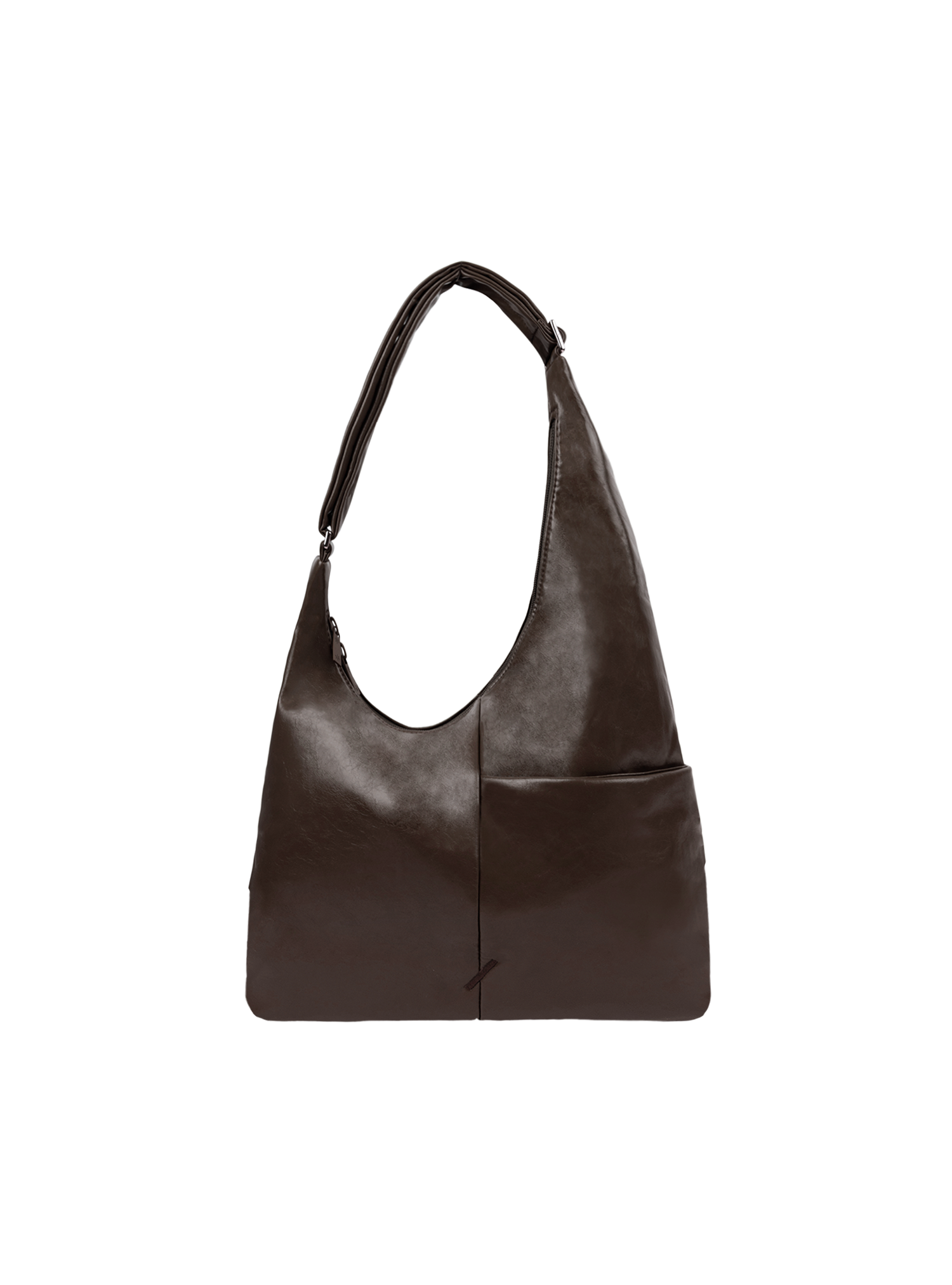The Midi Arc slouchy hobo-style bag in dark brown vegan leather with adjustable shoulder strap