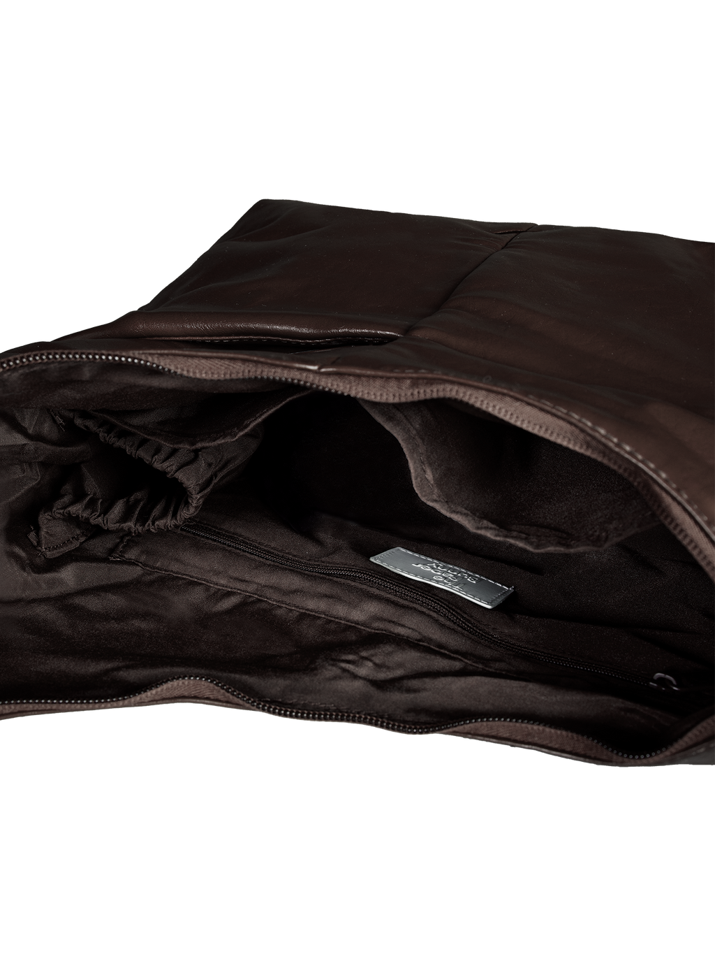 Interior of the Midi Arc hobo-style bag in dark brown vegan leather, with multiple pockets and a bottle holder