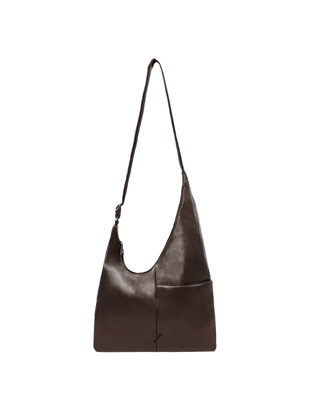 The Midi Arc slouchy hobo bag in dark brown vegan leather with adjustable strap for shoulder or crossbody wear