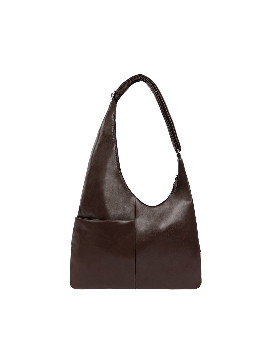 The Midi Arc slouchy hobo-style bag in dark brown vegan leather with exterior pockets