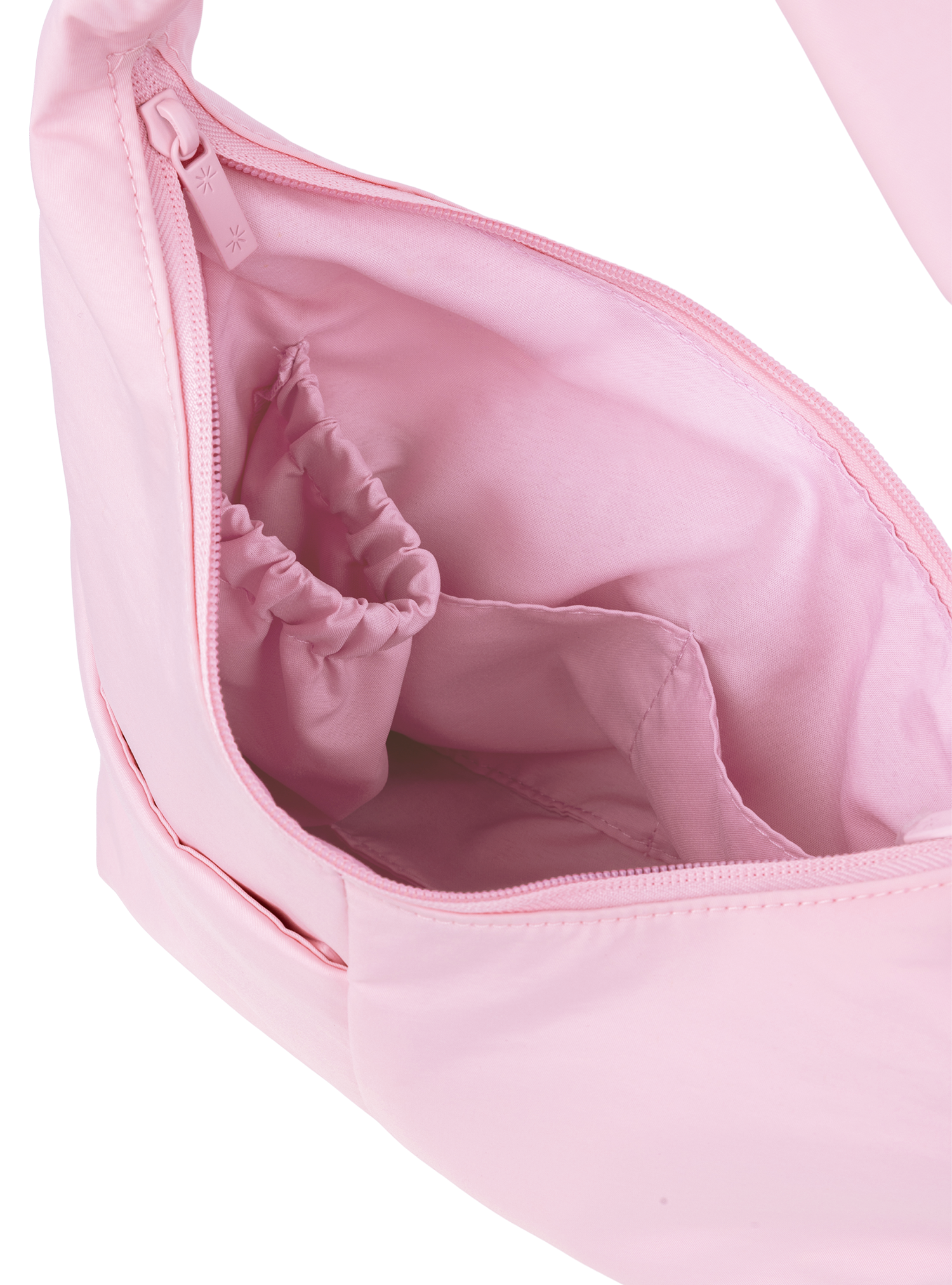 Interior of the Mini Arc hobo-style shoulder bag in light pink nylon, with multiple pockets and a bottle holder