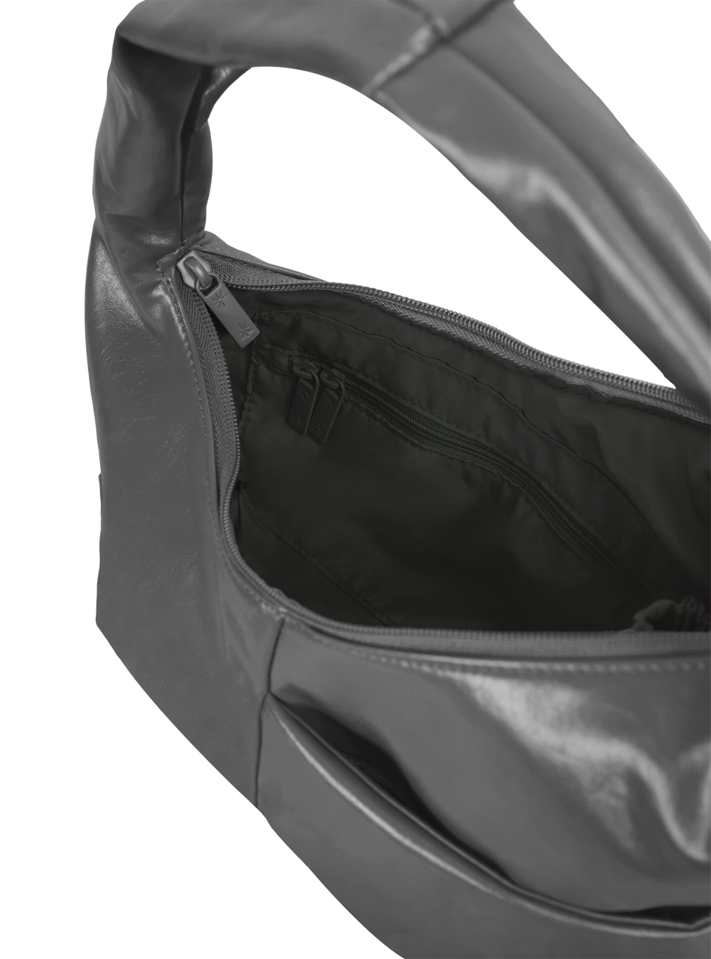 Interior of the Mini Arc hobo-style shoulder bag in deep grey vegan leather, with zipped interior pocket