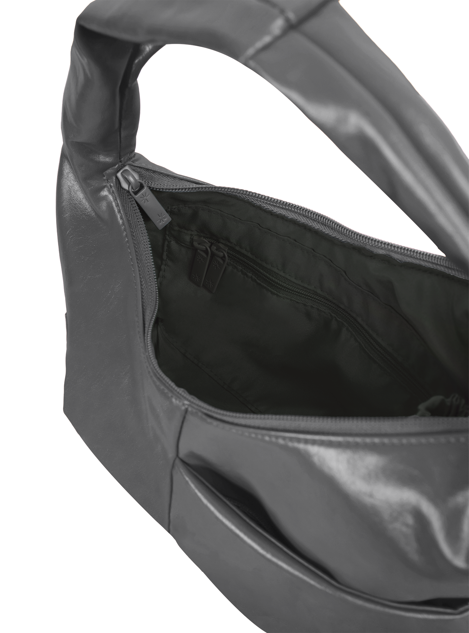 Interior of the Mini Arc hobo-style shoulder bag in deep grey vegan leather, with zipped interior pocket