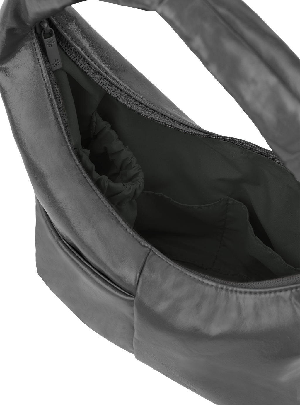 Interior of the Mini Arc hobo-style shoulder bag in deep grey vegan leather, with multiple pockets and a bottle holder