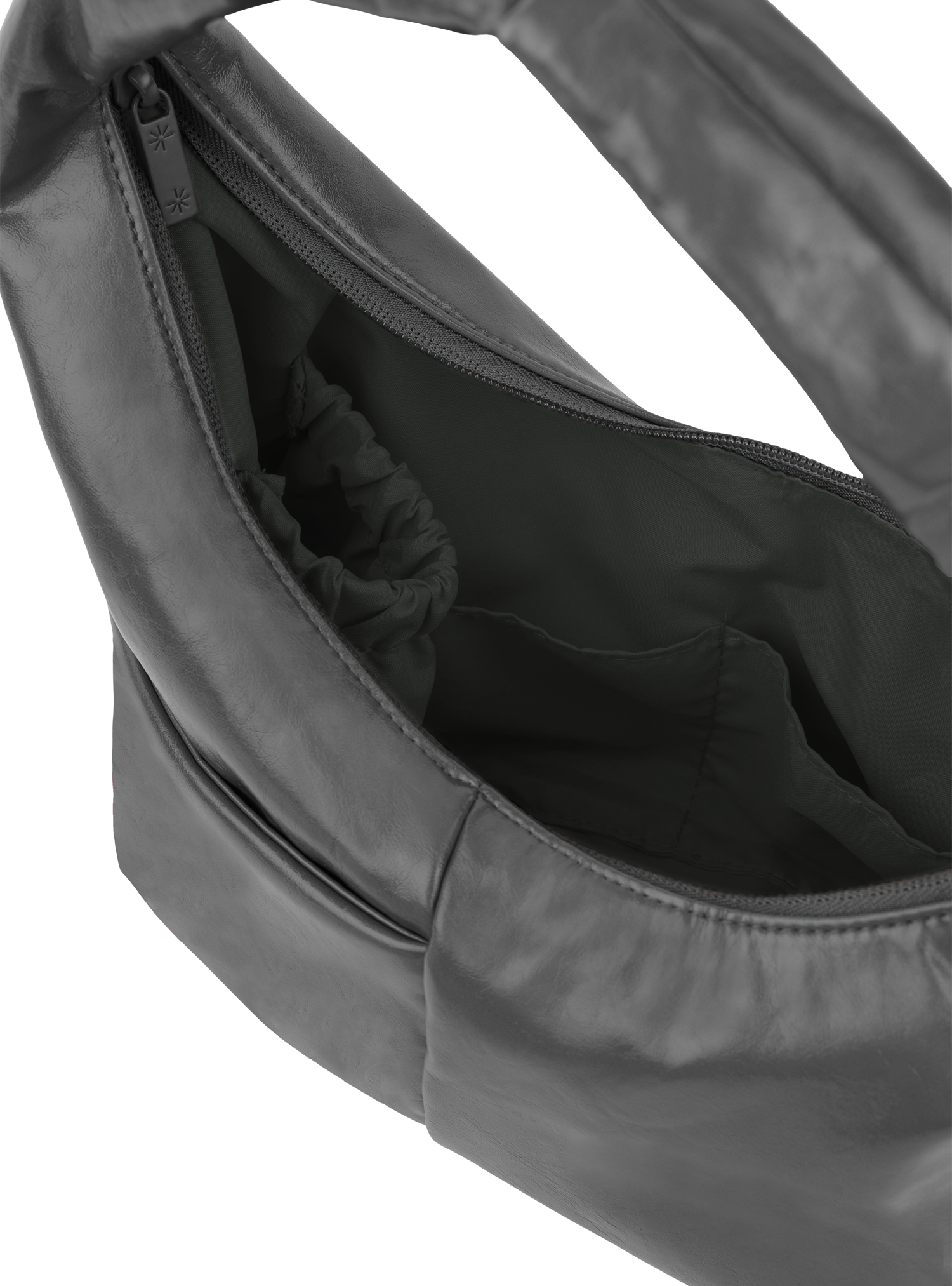 Interior of the Mini Arc hobo-style shoulder bag in deep grey vegan leather, with multiple pockets and a bottle holder