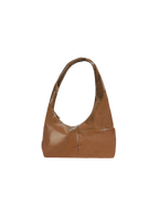 The Mini Arc slouchy hobo-style shoulder bag in warm brown vegan leather with exterior pockets