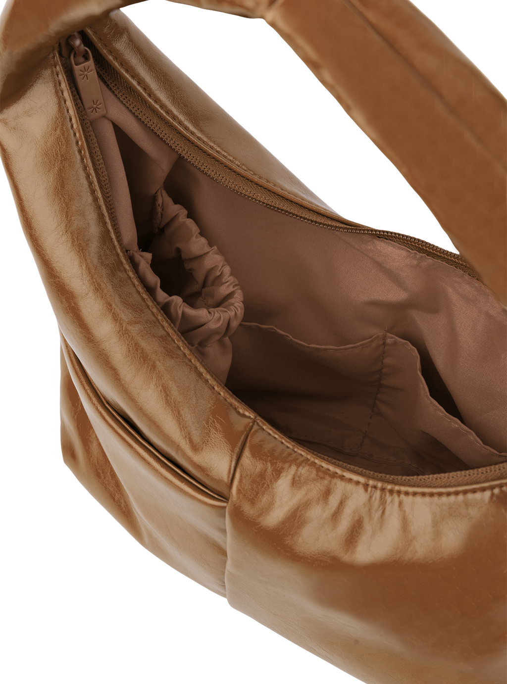 Interior of the Mini Arc hobo-style shoulder bag in warm brown vegan leather, with multiple pockets and a bottle holder