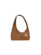 The Mini Arc slouchy hobo-style shoulder bag in warm brown vegan leather with exterior pockets