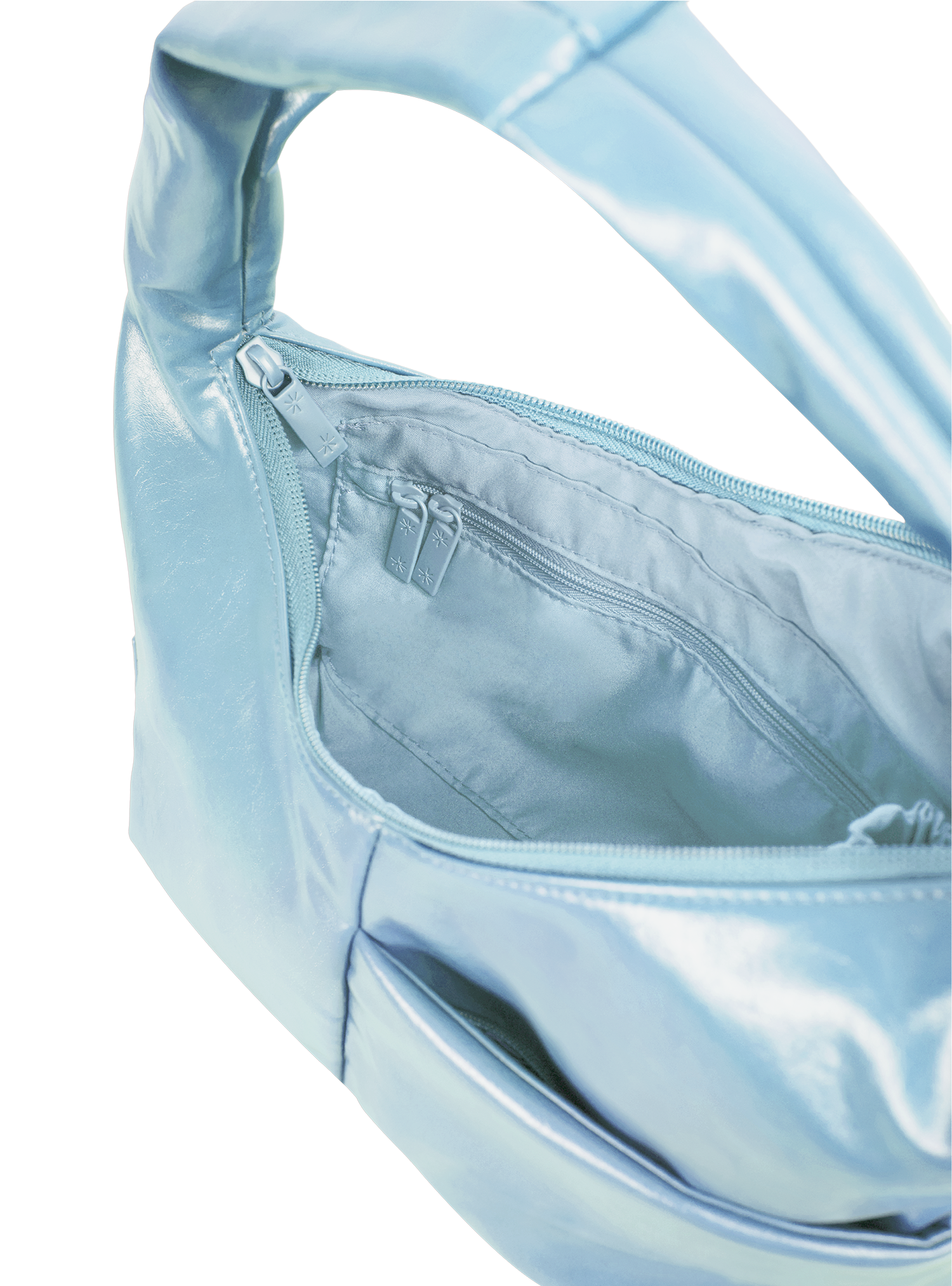 Interior of the Mini Arc hobo-style shoulder bag in pale blue vegan leather, with zipped interior pocket