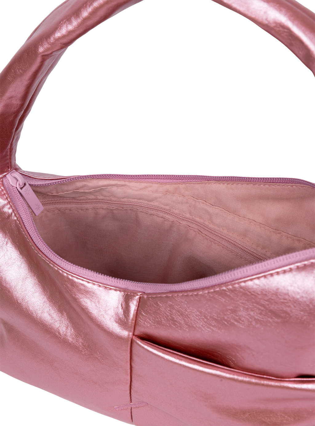 Interior of the Mini Arc hobo-style shoulder bag in metallic pink vegan leather, with zipped interior pocket