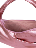 Interior of the Mini Arc hobo-style shoulder bag in metallic pink vegan leather, with zipped interior pocket
