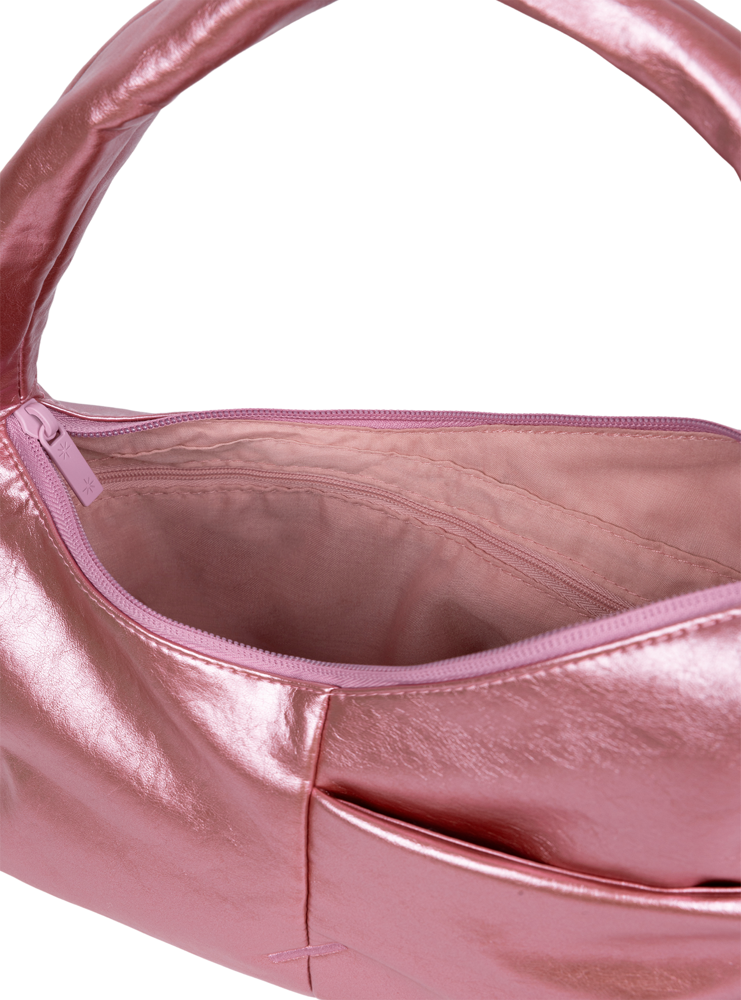 Interior of the Mini Arc hobo-style shoulder bag in metallic pink vegan leather, with zipped interior pocket