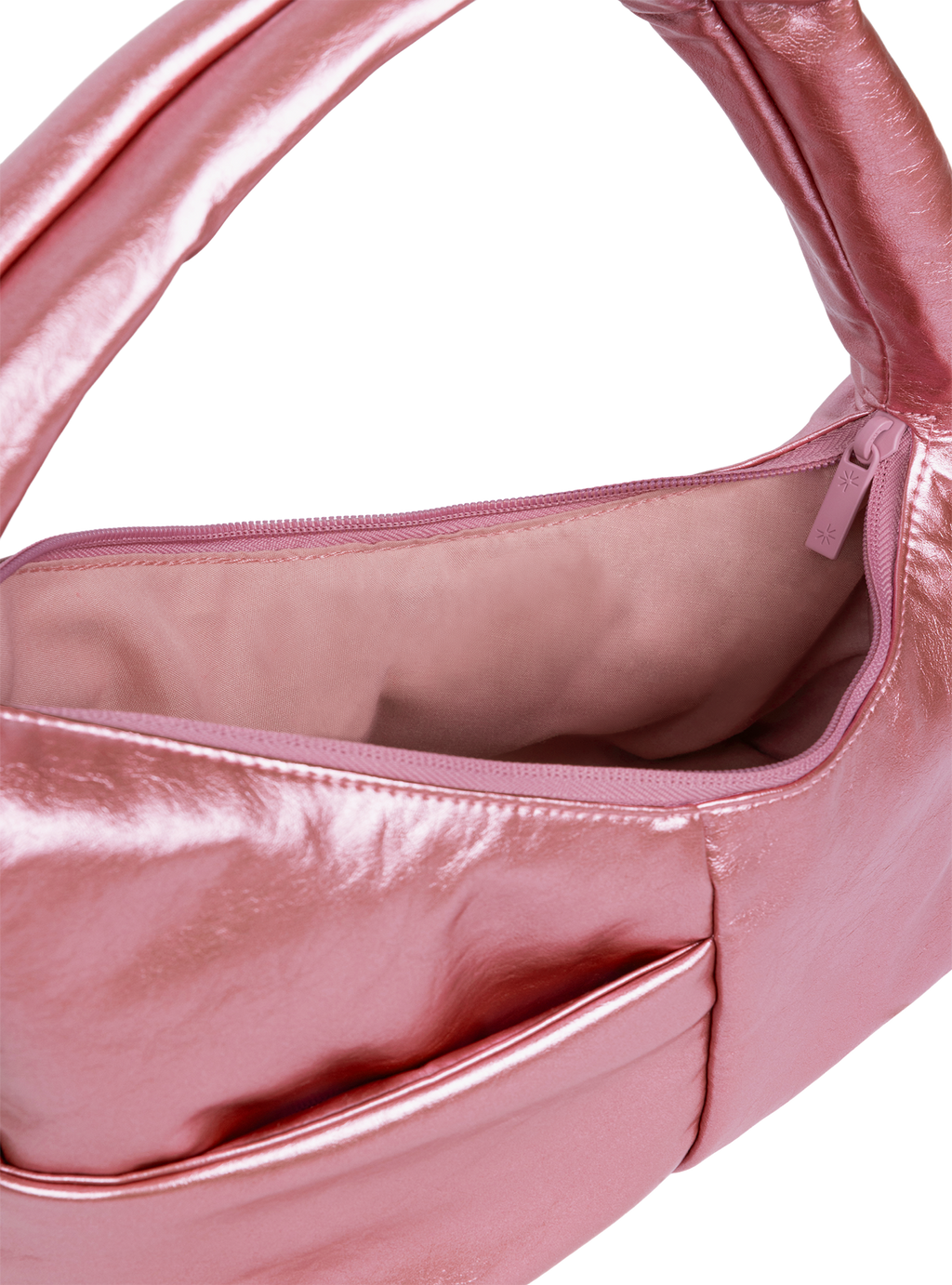 Interior of the Mini Arc hobo-style shoulder bag in metallic pink vegan leather, with multiple pockets
