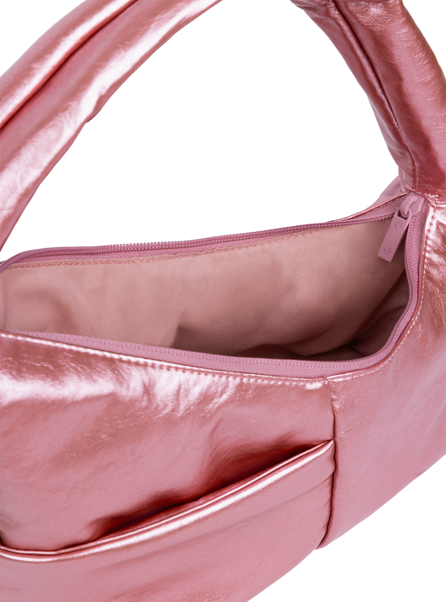 Interior of the Mini Arc hobo-style shoulder bag in metallic pink vegan leather, with multiple pockets
