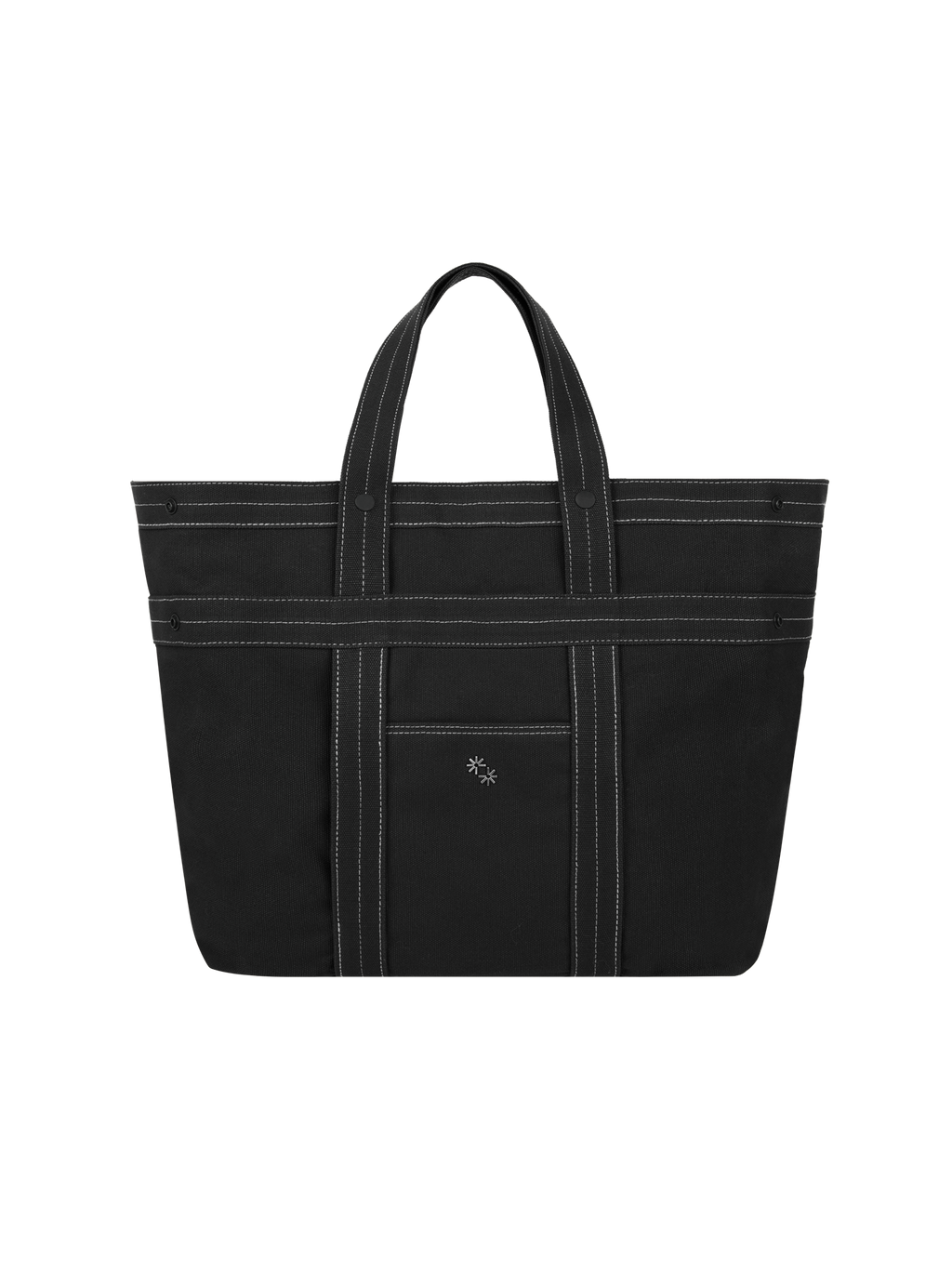 Black tote bag with a visible brand logo on a white background