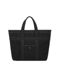 Black tote bag with a visible brand logo on a white background