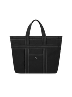 Black tote bag with a visible brand logo on a white background