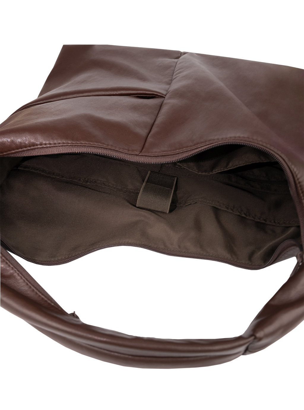 Interior of the Arc hobo-style bag in dark reddish brown matte vegan leather, with laptop compartment