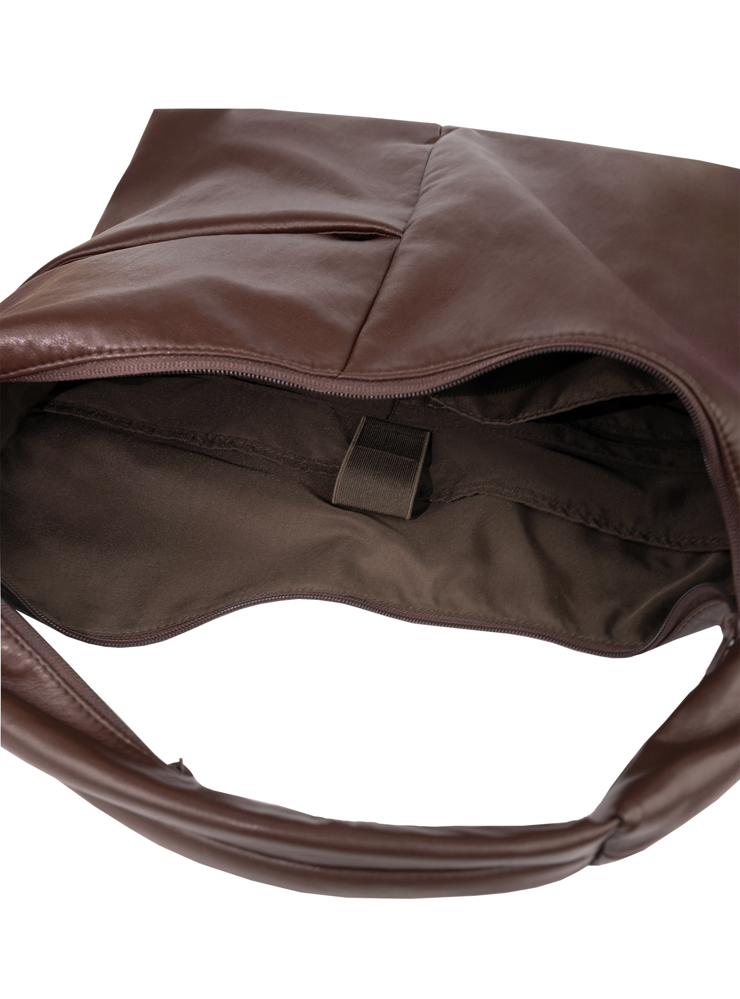 Interior of the Arc hobo-style bag in dark reddish brown matte vegan leather, with laptop compartment