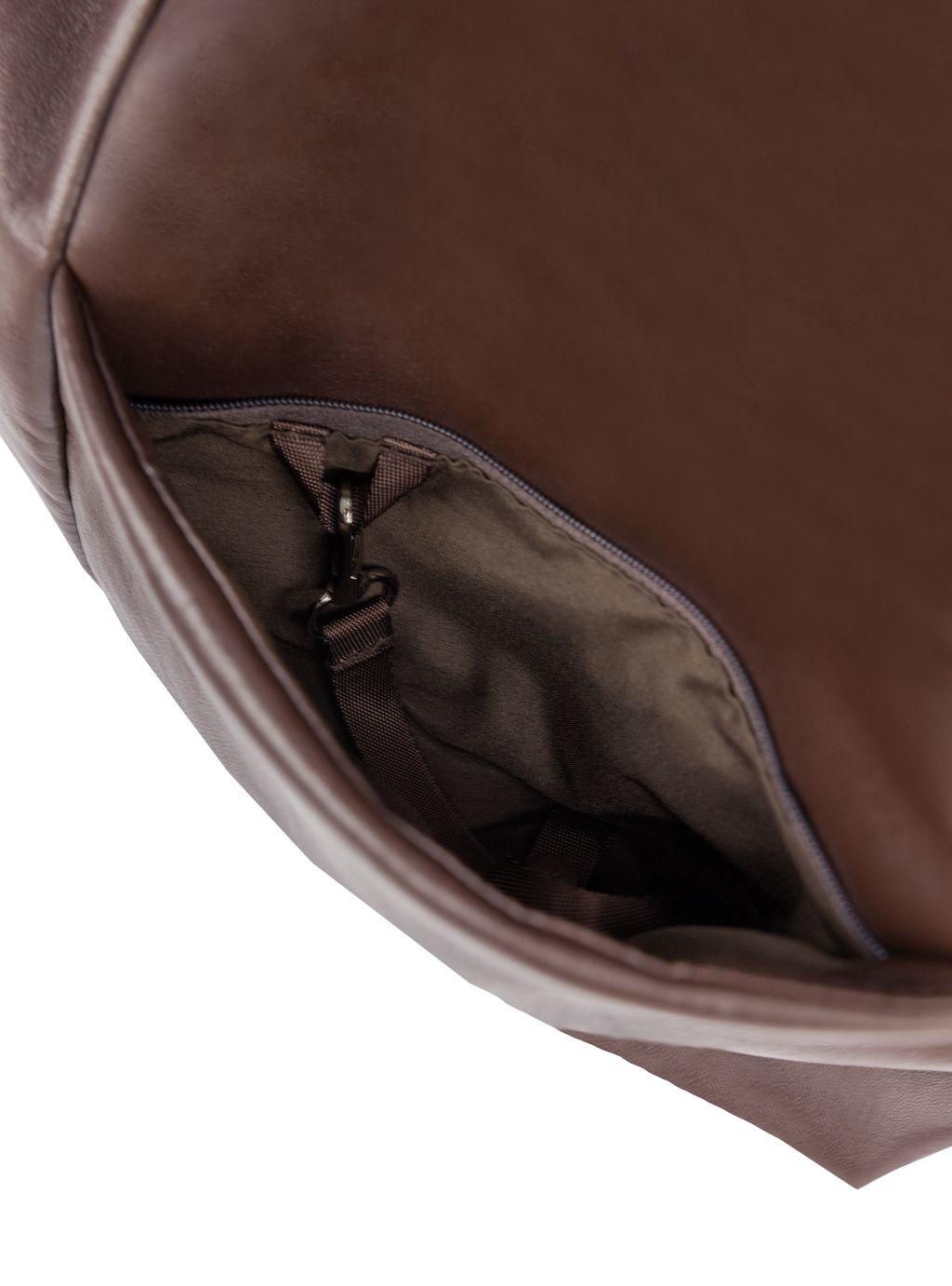 Exterior pocket of the Arc hobo-style bag in dark reddish brown matte vegan leather, with concealed snap loop