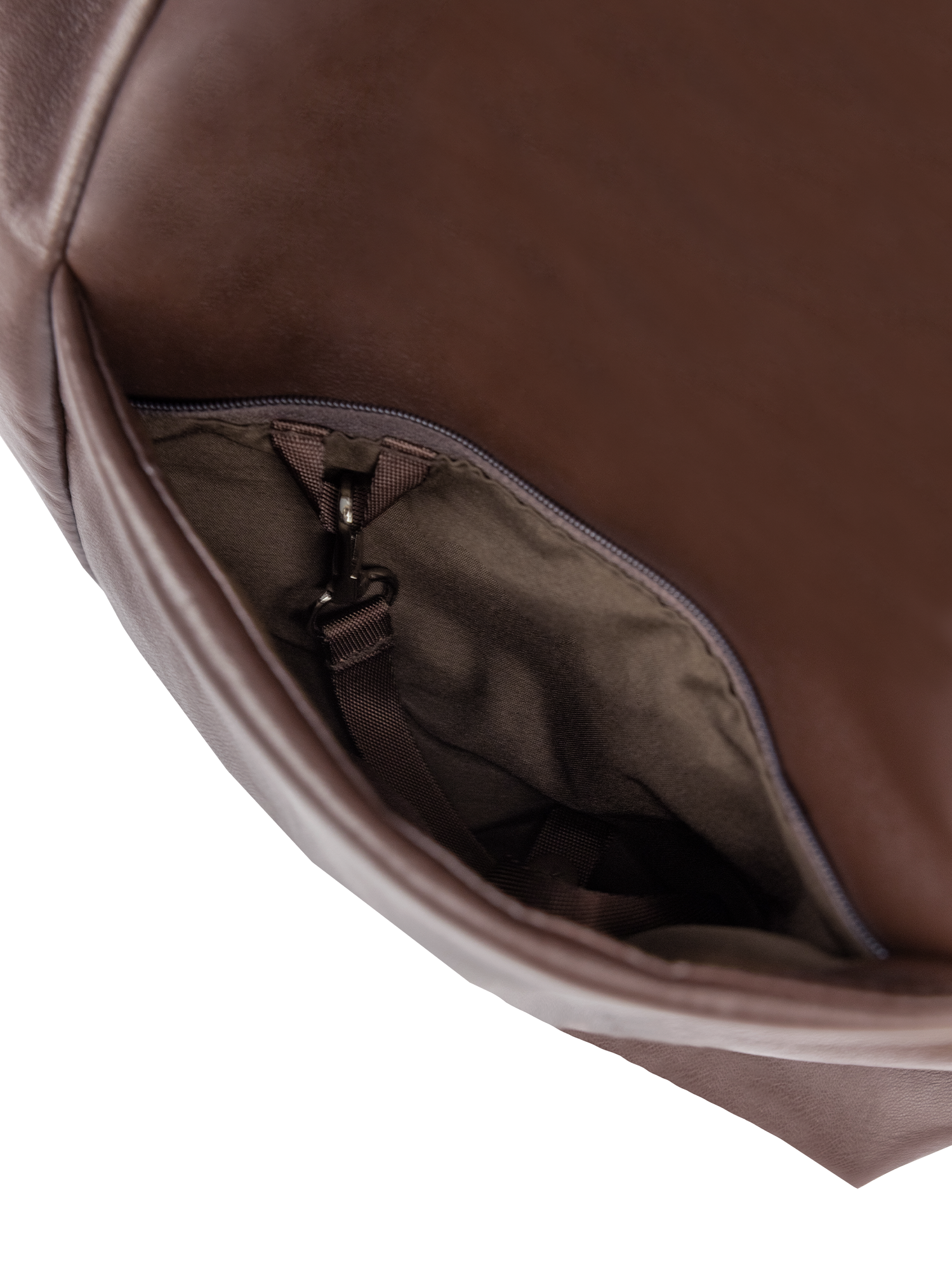 Exterior pocket of the Arc hobo-style bag in dark reddish brown matte vegan leather, with concealed snap loop
