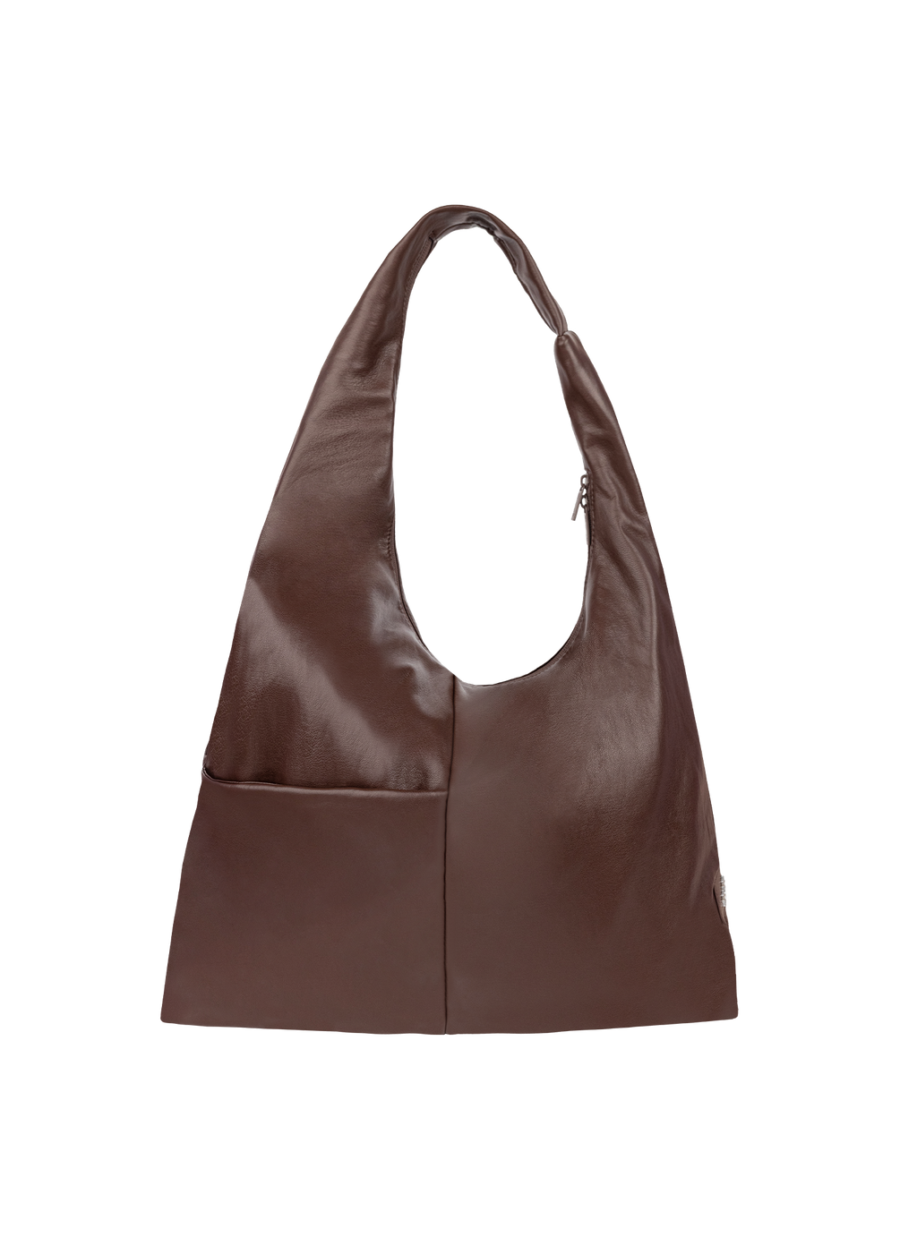 The Arc slouchy hobo-style bag in dark reddish brown matte vegan leather with exterior pockets