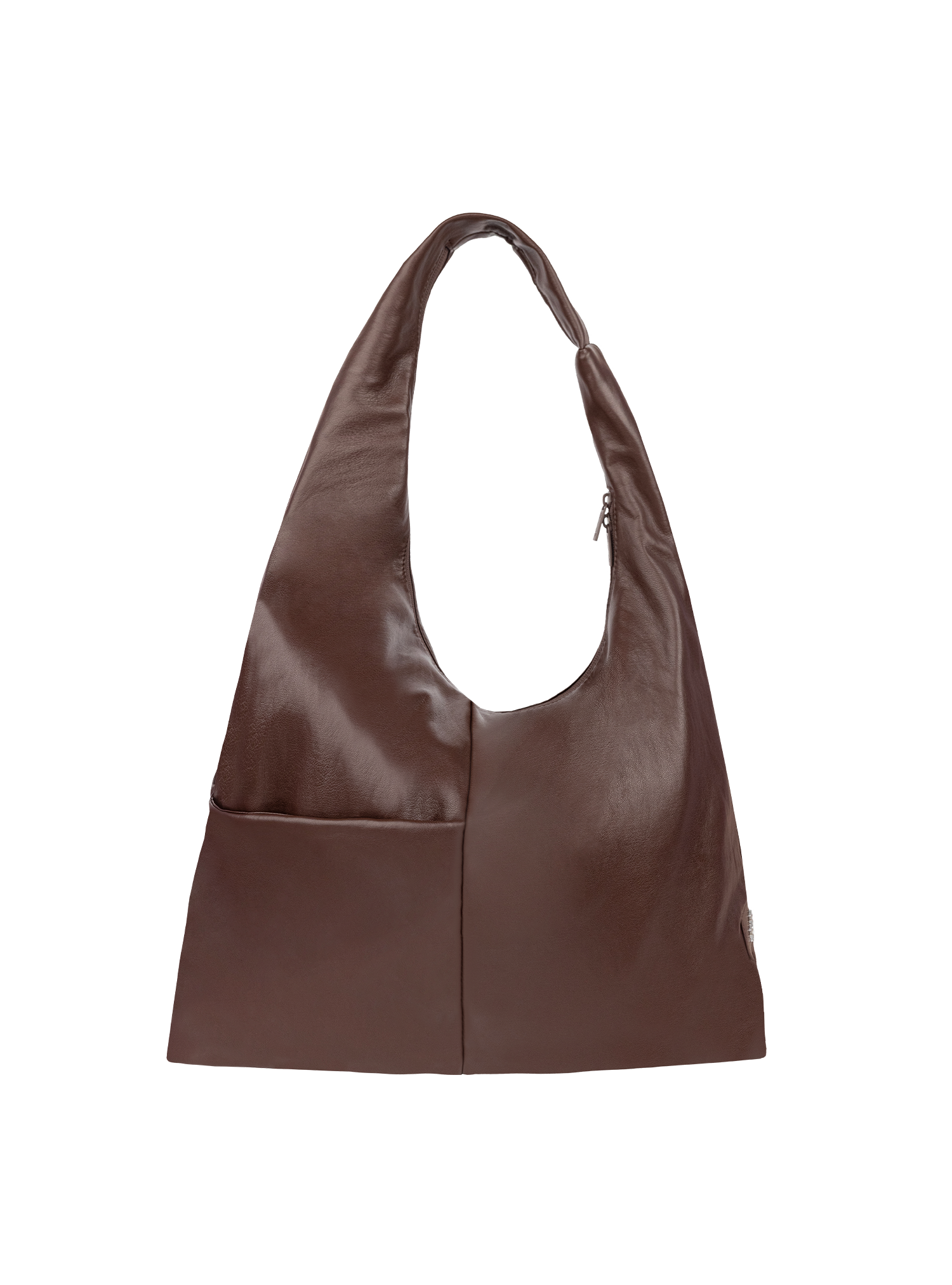The Arc slouchy hobo-style bag in dark reddish brown matte vegan leather with exterior pockets