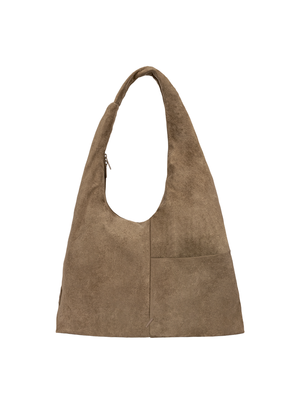 The Arc slouchy hobo-style bag in grey-beige suede with adjustable shoulder strap