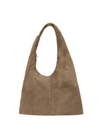 The Arc slouchy hobo-style bag in grey-beige suede with adjustable shoulder strap
