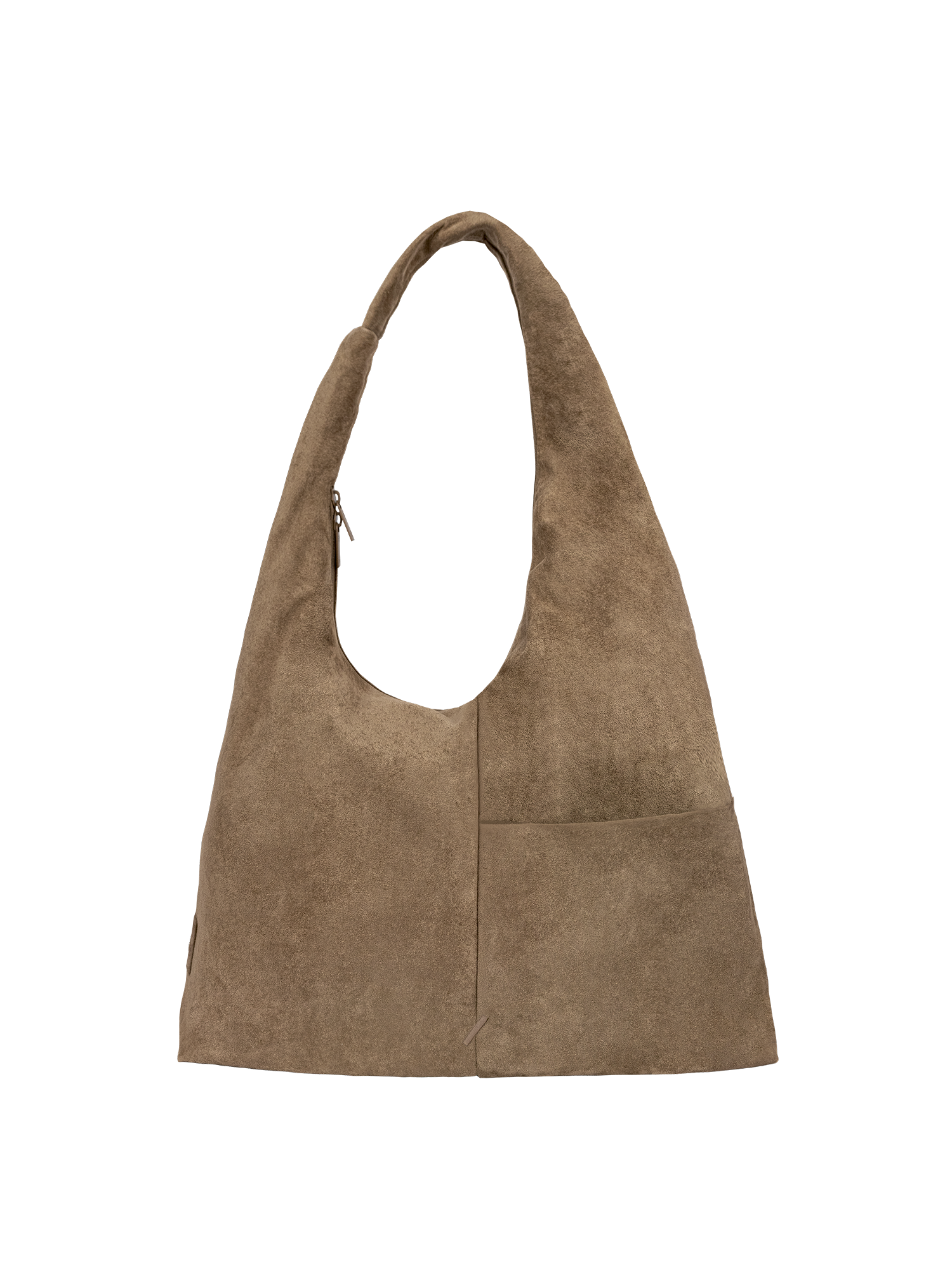 The Arc slouchy hobo-style bag in grey-beige suede with adjustable shoulder strap