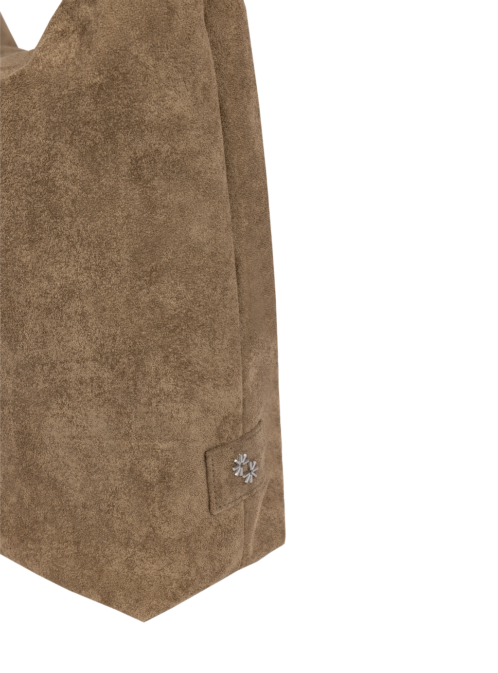 Close-up of the Arc hobo-style bag in grey-beige suede, showing metal logo emblem