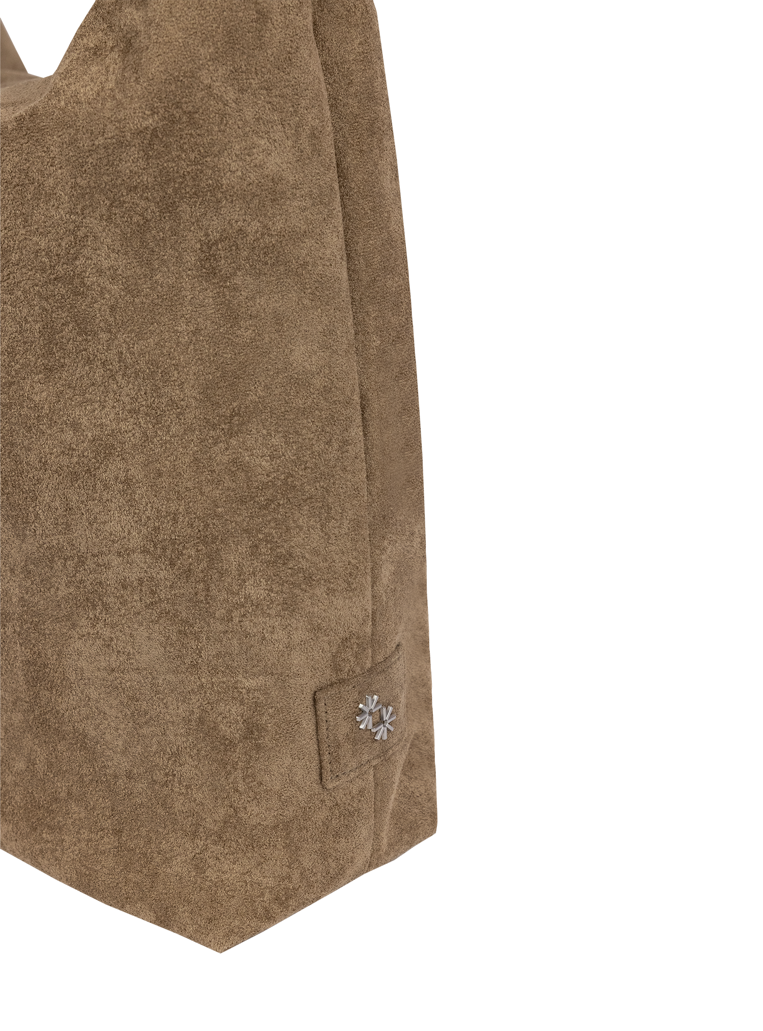 Close-up of the Arc hobo-style bag in grey-beige suede, showing metal logo emblem