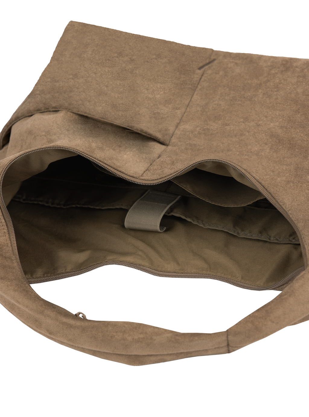 Interior of the Arc hobo-style bag in grey-beige suede, with laptop compartment