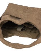 Interior of the Arc hobo-style bag in grey-beige suede, with laptop compartment