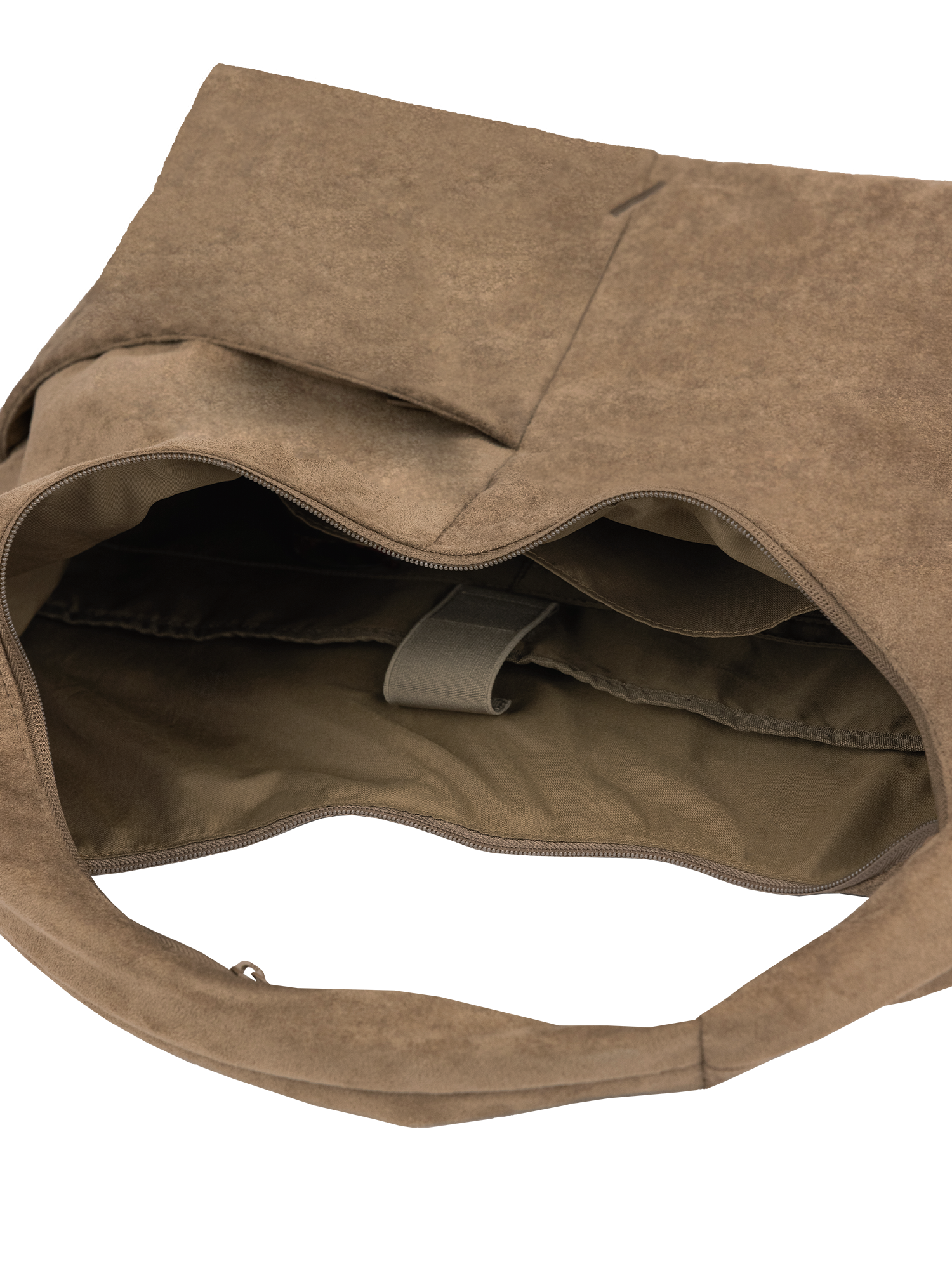 Interior of the Arc hobo-style bag in grey-beige suede, with laptop compartment