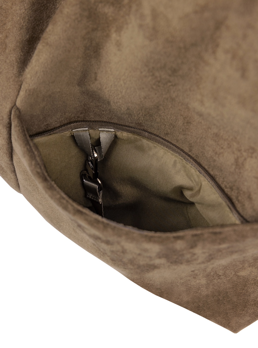 Exterior pocket of the Arc hobo-style bag in grey-beige suede, with concealed snap loop